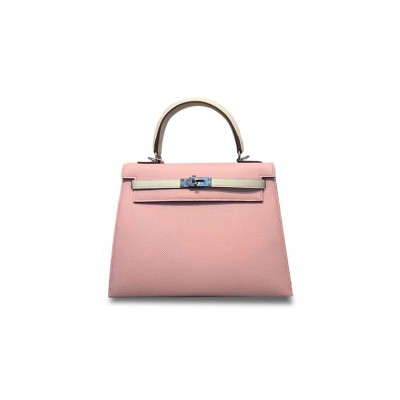 HERMÈS KELLY 25 EPSOM 3Q POWDER WITH CK10 MILKSHAKE WHITE SILVER BUCKLE (25*17*7cm) 